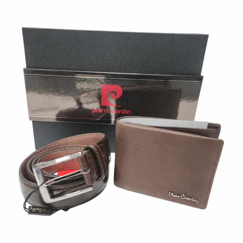 Pierre cardin, set de curea si portofel de piele 2 piese, maro, model cz001